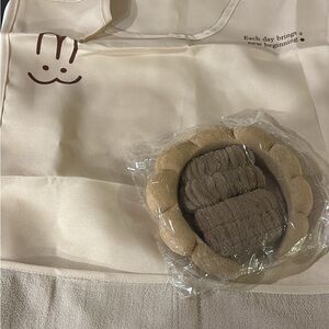 Spa set brand new. Cream overall and headbands / Brown Accessories set of 5